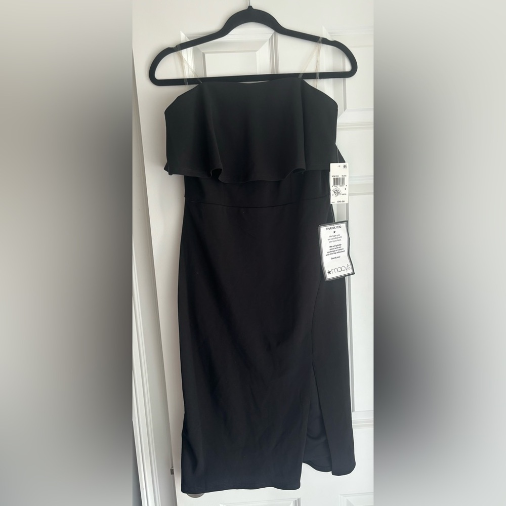 NWT- Black strapless dress with side slit and ruffle top. size 9
